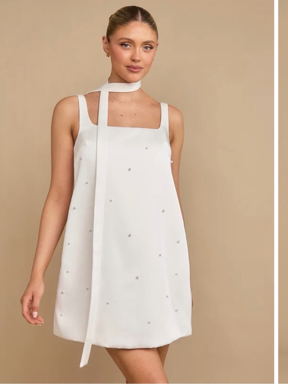 Pearl Scatter Detail Mini Dress with Neck Scarf – White